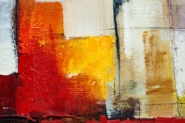 Abstract detail of acrylic paints on canvas. Relief artistic background in gold, red, black and...