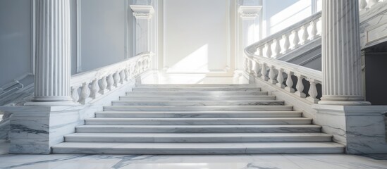 Light colored horizontal marble stairs in a renovated mansion stairwell With copyspace for text