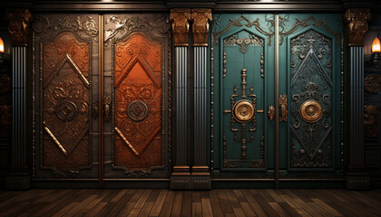 Elegant old doorway, ancient wood, ornate handle, mysterious gold decor generated by AI - obrazy, fototapety, plakaty