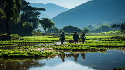 Fototapeta na wymiar Beautiful countryside with rice fields. Generative AI
