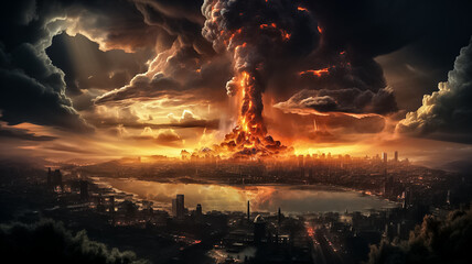 Explosion of nuclear bomb in the city. end of world illustration. Nuclear war threat concept. Design ai