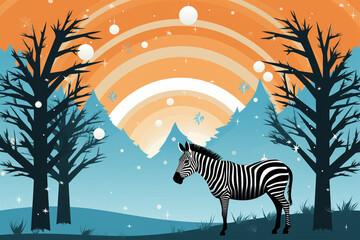 Fototapeta na wymiar Christmas illustration of a zebra in winter