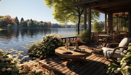A tranquil scene of a rustic chair by a pond generated by AI