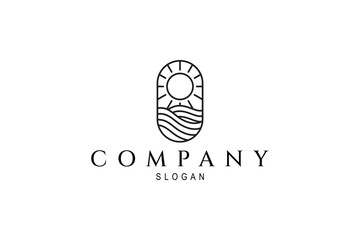 Agriculture line art logo with sunrise in field or rice fields