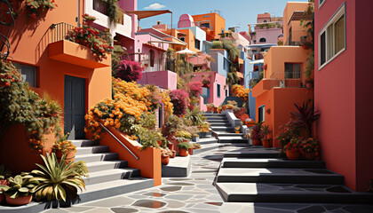 Fototapeta premium Vibrant color, modern architecture, staircase, flower pot, residential district, summer generated by AI