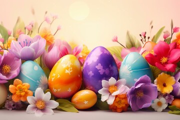 Fototapeta premium festive banner showcasing vibrant eggs and blooming flowers. Generative AI