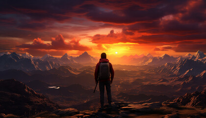 Men hiking mountain peak at sunset, backpacks filled with adventure generated by AI