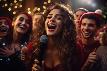 Friends belting out holiday tunes at a karaoke-themed Christmas gathering. Generative Ai