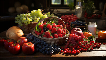 Freshness of nature bounty in a rustic wicker basket of berries generated by AI