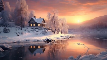 winter morning, house in a snowy forest