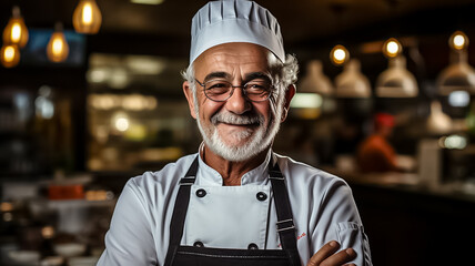 Happy Chef mature man of a Big Restaurant Crosses Arms and Smiles in a Modern Kitchen. Design ai