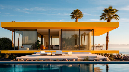 Fototapeta premium Yellow minimalist design house with a swimming pool on a beach