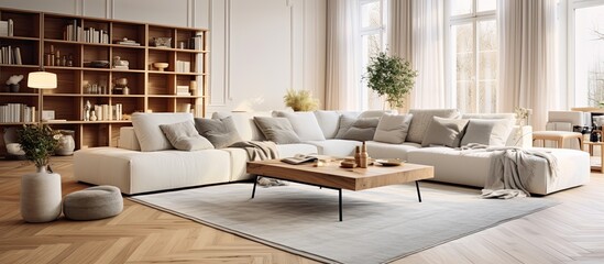 Gorgeous big living room with wooden flooring soft carpet and stylish furnishings With copyspace for text - obrazy, fototapety, plakaty