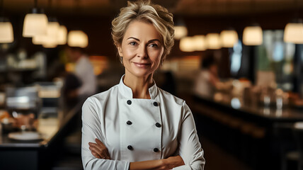 Happy Chef mature woman of a Big Restaurant Crosses Arms and Smiles in a Modern Kitchen. Design ai