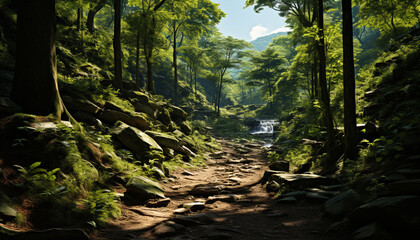 Obraz premium Tranquil scene of a lush green forest with flowing water generated by AI