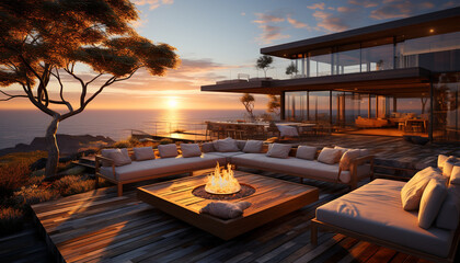 Sunset over tranquil seascape, a luxurious vacation in nature generated by AI
