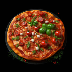 Pizza with mozzarella cheese- tomatoes and basil on black background