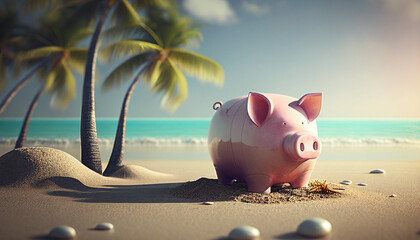 Sparschwein am Strand unter Palmen symbolisiert Sparsamkeit im Urlaub sparen für teure Reise Weltreise Inflation Generative AI  - obrazy, fototapety, plakaty