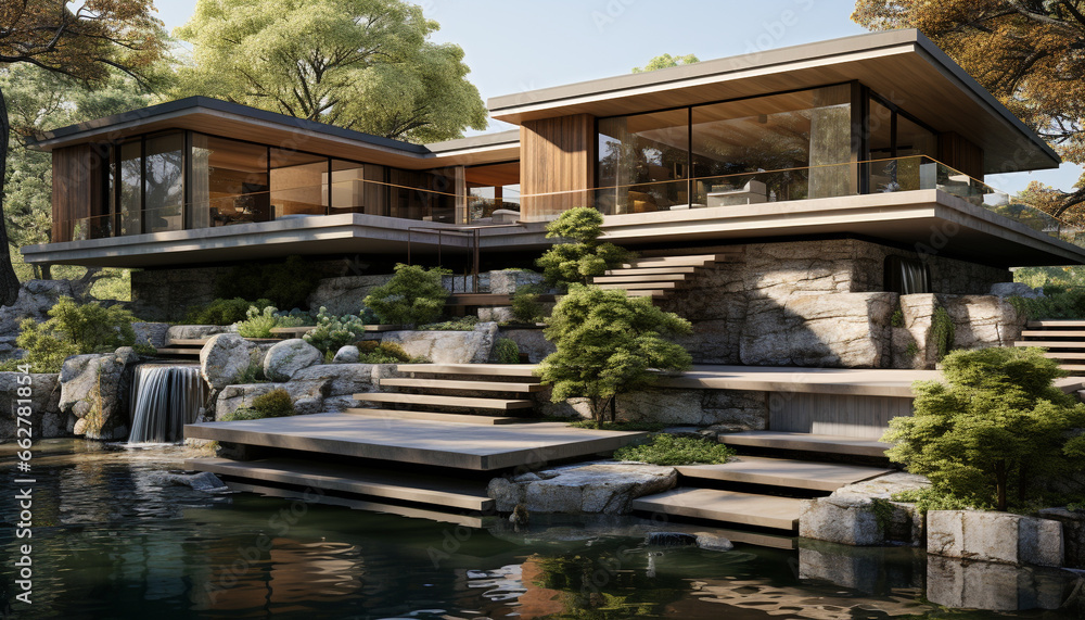 Poster modern architecture blends with nature in a tranquil summer landscape generated by ai