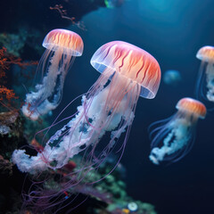 Realistic jellyfish blue lightening, poisonous jellyfish in dark deep water, deep ocean creature - 662781824