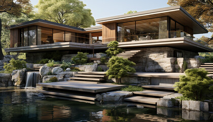 Modern architecture blends with nature in a tranquil summer landscape generated by AI