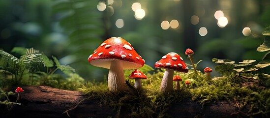 Fly agaric mushrooms thrive in a forest clearing creating a magical setting With copyspace for text - obrazy, fototapety, plakaty