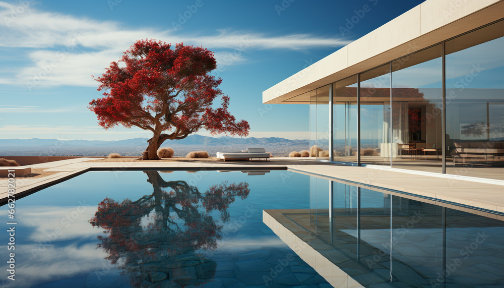 Poster modern architecture reflects in the tranquil poolside with a wide window generated by ai