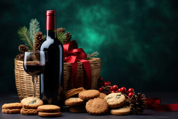 Naklejka premium Christmas gift hamper with bottle of red wine, chocolate, cookies , fir branches and gifts. Generative AI