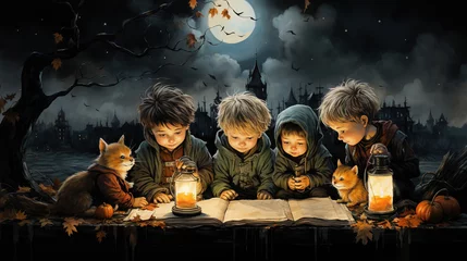 Rolgordijnen Oil Pianting of Halloweens Concept Childrens Studeing in Below Sky At Night Time Background © BlueMistFilmStudios