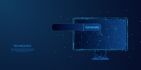 Abstract computer with artificial intelligence generate bar on dark blue background. Low poly wireframe style technology background.