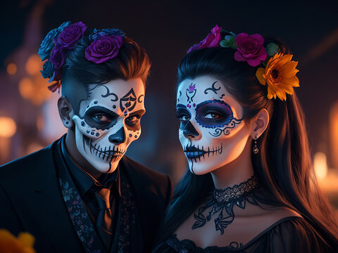 Young Couple Celebration Of Day Of The Dead. Generative Ai
