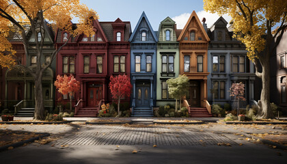 Autumn leaf colors paint vibrant cityscape, nature decoration in architecture generated by AI