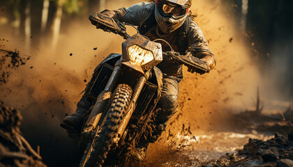 Men riding motorcycles in a dirt road race, extreme sport generated by AI