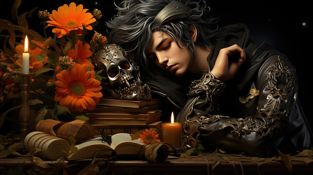Oil Pianting of Halloweens Concept A Young Man Sitting in Daark Room Background
