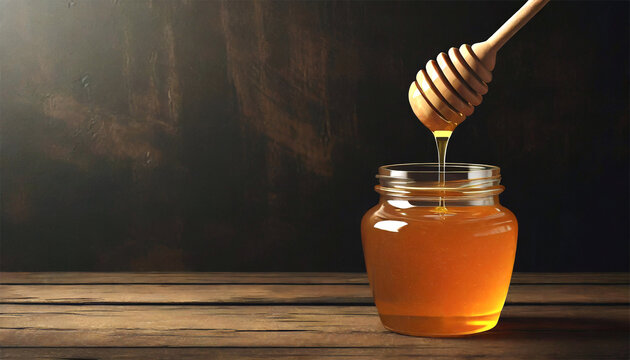 Honey dripping from a dipper into a jar on a wooden background