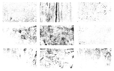 Grunge overlay textures with dust grain isolated on white background. Set of vector paint brush stroke, ink splash and grungy decoration elements for social media. Distressed vintage banner frame.