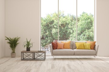 White living room with sofa and summer landscape in window. Scandinavian interior design. 3D illustration