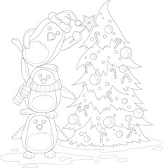 Cartoon penguin family in hats and scarfs decorating Christmas tree sketch template. Winter vector illustration of birds in snow in black and white for games. Coloring paper, page, children story book