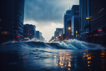 Global warming, sea level rise and coastal flooding. Waves flooding city center street.