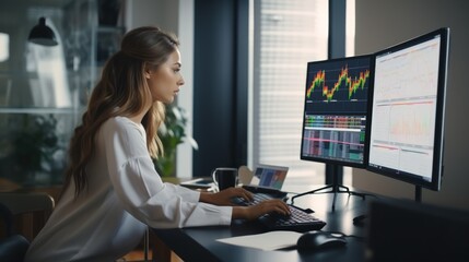 Woman working finance trade manager analyzing stock future market. - obrazy, fototapety, plakaty