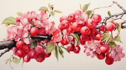 Fruit tree branch watercolor illustration on cotton paper. Very soft colors