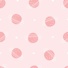 Baby seamless pattern space background with planets on pink background cartoon style hand drawn design Use for prints, wallpaper, decorations, textiles. Vector illustration.