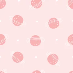Fototapeten Baby seamless pattern space background with planets on pink background cartoon style hand drawn design Use for prints, wallpaper, decorations, textiles. Vector illustration. © TEe Du