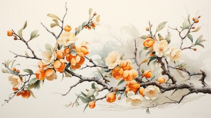 Fruit tree branch watercolor illustration on cotton paper. Very soft colors