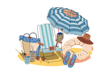 Summer beach scene, flat cartoon vector illustration. Beach chair under umbrella on the sand, inflatable ring, flip flops, beach hat and bag, sunglasses, sun cream and cocktails on white background.