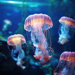 A jellyfish with a purple body and blue tentacles is swimming in the water with a blue background - 662783492