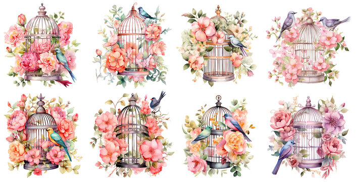 Floral Bird Cage Watercolor Illustration clipart. Generative AI