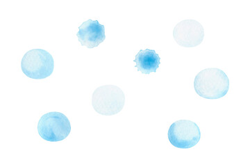 Fototapeta na wymiar A set of snowballs isolated on a white background, hand-drawn. Winter elements for the holiday, design and decoration. Light blue, watercolor snowballs. Watercolor spots, dots.