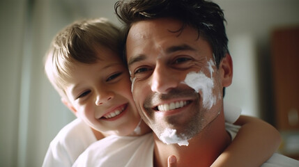 father teaching son how to shave