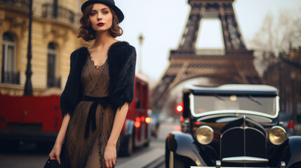young beautiful woman dressed in a shiny dress in the style of the 20s against the backdrop of a European city Paris, retro style, vintage outfit, elegant girl, hair decoration, jewelry, lady - obrazy, fototapety, plakaty